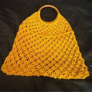 Crossi Mustard Yellow Macramé Crochet Wooden Ring Handle Boho Tote Bag